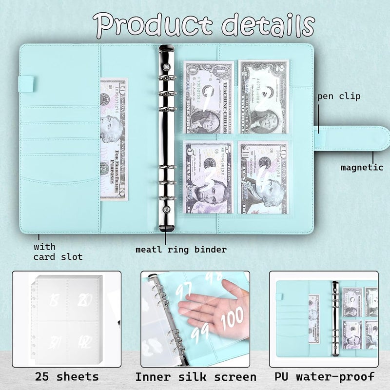MUQING 100 Envelope Challenge Binder, Money Saving Envelopes for Cash Challenge, Saving $5050 Budget Planner Book, 25 Sheets Silkscreen to Digital 100 (Blue) - Image 4